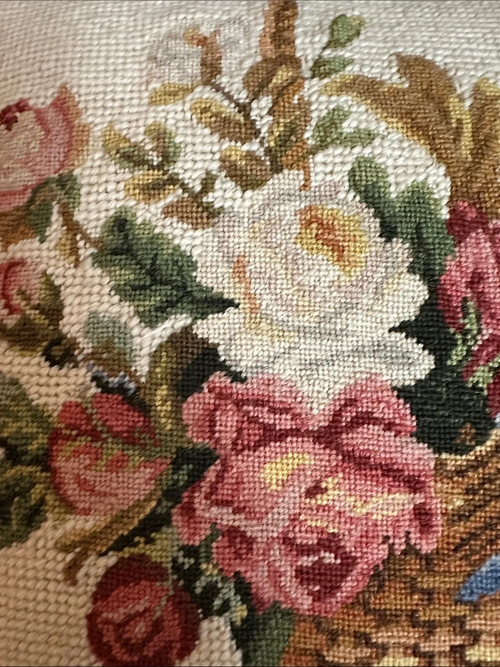 VTG Needlepoint Wool Floral Basket cottagecore Pillow Cream Pink 80’s